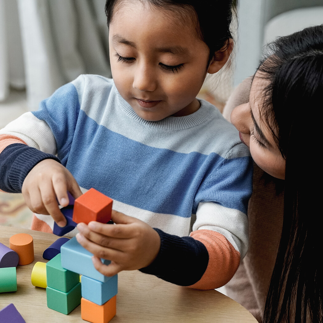 Boy playing with blocks with woman on the right