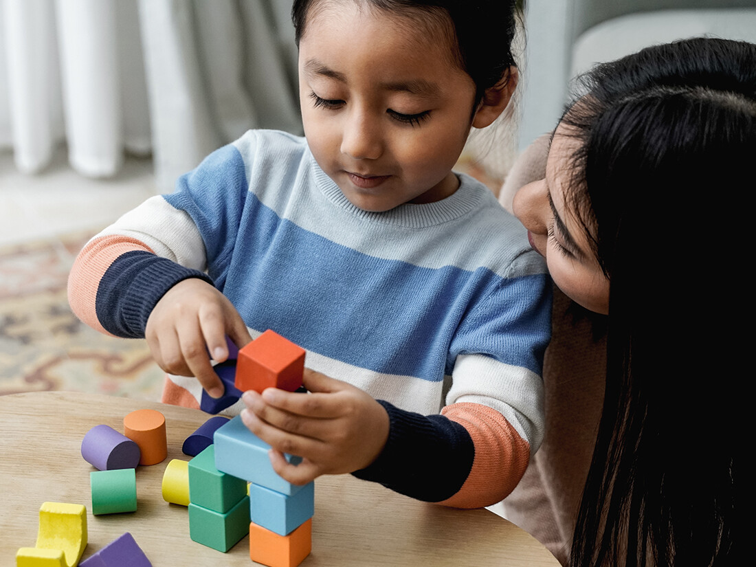 Boy playing with blocks with woman on the right